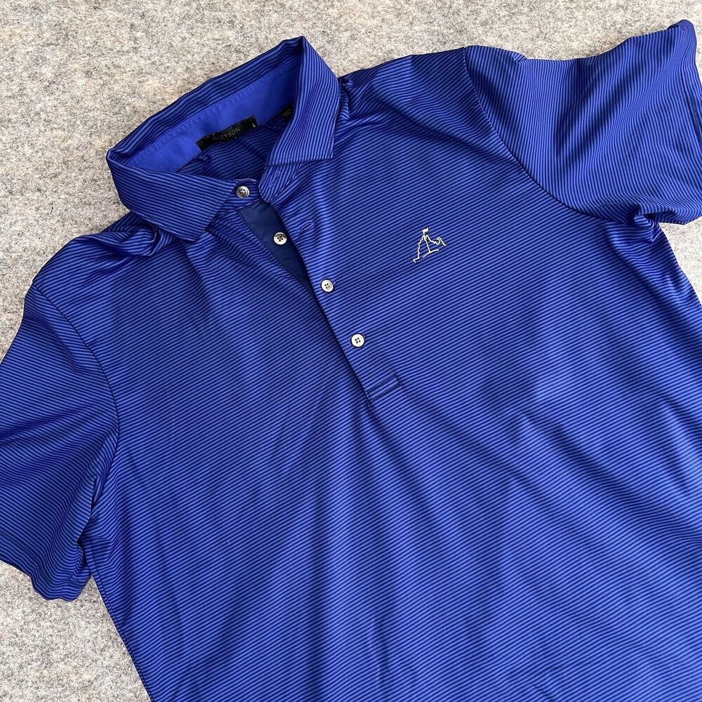 Greyson‎ Polo Shirt Mens Large Blue Black Striped Golf Performance Short sleeve